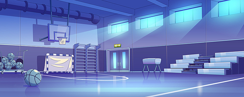 School gymnasium, sport gym interior with soccer gate, basketball balls in cart, wall bars, tribune and pommel horse at night, vector illustration in contemporary style