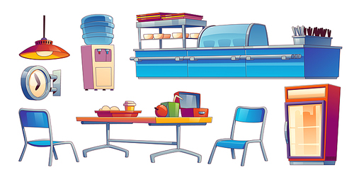 school canteen, cafeteria interior set with counter, table, chairs,  cooler and fridge. university or college buffet furniture, vector illustration in contemporary style