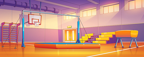 School gym, court interior with equipment. Sports arena for team games, marked floor, basketball hoop, mats, jumping bar and empty fan sector seats. Indoor college stadium, Cartoon vector illustration