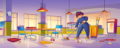 Janitor cleaning dirty school canteen after lunch. Cafeteria interior with counter, tables, chairs, fridge and woman cleaner mops floor, vector illustration in contemporary style