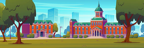 University, college campus buildings, high school educational institution empty front yard with green trees, grass lawns. Classic city architecture summer landscape Cartoon vector illustration