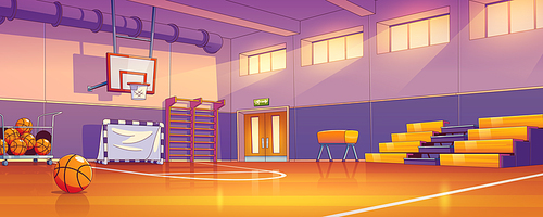 Empty school gym with sports equipment. Contemporary vector illustration of basketball court with shiny floor, balls, football gate, ladder and spectator seats. Arena for team game competitions