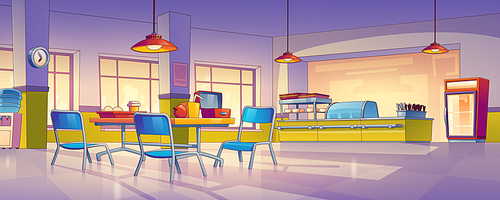 Empty school canteen interior, contemporary vector illustration. Clean dining room for preschool or college students with tables, chairs, food and beverages in fridge. Hospital cafeteria design