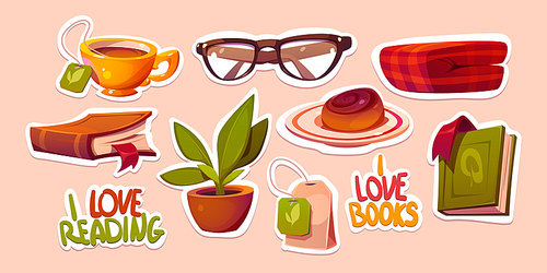 Love reading stickers pack, book, glasses, tea bag and cup, dessert on plate. Potted plant, plaid and lettering patches, graphic design elements for readers hobby and education, Vector illustration