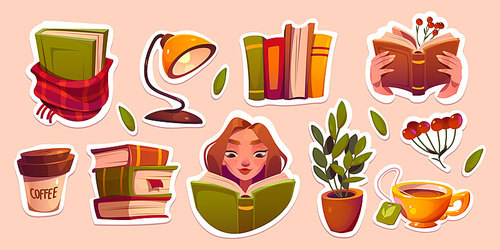 Love reading stickers pack, books pile, scarf, woman face and hands with open textbook. Table lamp, tea cup, potted plant, rowan berry and coffee mug patches design elements, Vector illustration