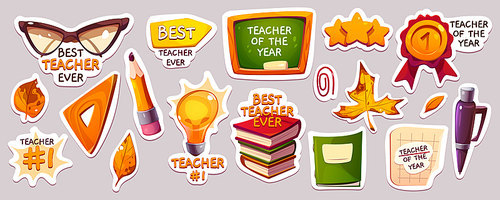 Happy teachers day stickers with books, chalkboard, glasses, autumn leaves. Teachers holiday icons with classroom board, award badge, pen, pencil and ruler, vector cartoon set