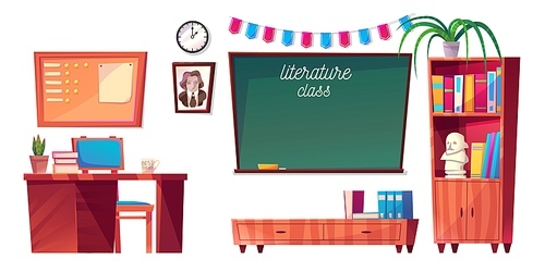 Literature classroom furniture with teachers desk, green chalkboard, bookcase, bulletin board and cloak. School room for study literature, vector cartoon illustration