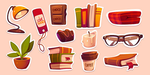 Collection of cozy leisure time stickers. Vector cartoon illustration of books, warm blanket, chocolate, coffee cup, candle, lamp, bookmark, eyeglasses and flower pot. Hygge home atmosphere elements