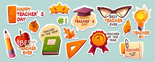 Set of Teachers Day stickers. Vector cartoon illustration of book, academic cap, ruler, pencil, yellow autumn leaves, award, apple, golden stars, paper note and light bulb icons. School education