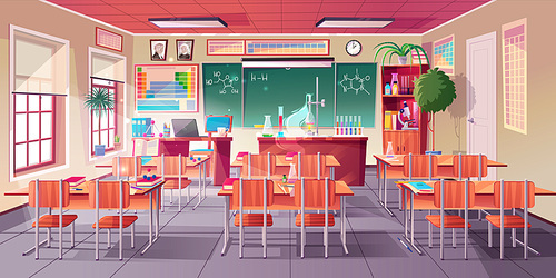 Chemistry cabinet, classroom laboratory interior with chemical formula on blackboard, beakers for experiments, student and teacher desks. Educational empty school room, cartoon vector illustration