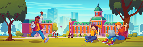 Students on campus near university or college building. Contemporary vector illustration of young people sitting on green grass with laptop, friends meeting at yard after classes. College education