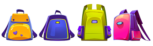 Kids school bags, backpacks or rucksacks with straps. Orange, blue, green and pink colored knapsack for boy or girl front and angle view. Student schoolbag isolated on white , Vector set