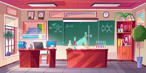 Chemistry classroom interior, vector cartoon illustration. School room with teachers desk, lab experiment equipment, board with formulae on wall, chemicals in bottles on shelves. Science and education