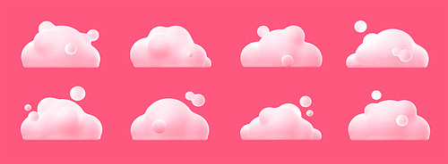 Simple white fluffy clouds isolated on pink background. Cute soft shapes for cloudy sky and weather icons, signs of meteorology, freedom and heaven, 3d render illustration