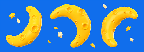 Moon and stars 3d render, cute yellow crescent with craters in different positions. Good night, astronomy science, isolated sky objects on blue background, Illustration in cartoon plastic style, set