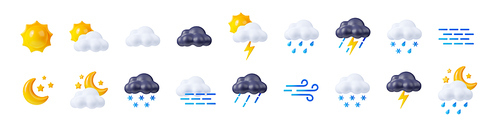 3d render weather icons set, sun shining, clouds, lightnings and snow or rain forecast elements for web design. Cartoon illustration in plastic minimal style, isolated objects on white background