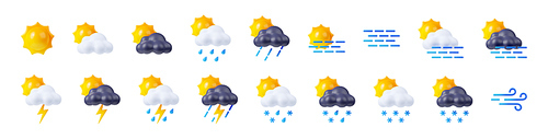 Weather forecast icons with sun, clouds, rain, snow and fog. Meteorology and climate symbols for winter and summer season. Signs of clear, cloudy, rainy, storm and snowy weather, 3d render set