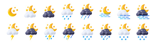 Weather icons, meteorology forecast for night in summer and winter. Weather symbols with moon, clouds, rain drops, snow, lightning and fog isolated on white, 3d render set