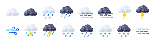 3d render weather icons set, clouds with lightnings and snow or rain. Wind or fog forecast elements for web design. Cartoon illustration in plastic minimal style, isolated objects on white background