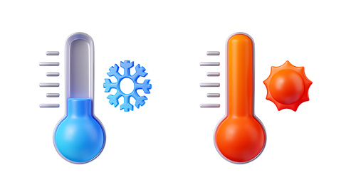 3d render thermometers show hot and cold temperature, winter or summer weather forecast, climate icons, elements for web design. Cartoon illustration in plastic style isolated on white
