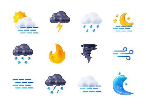 3d render weather icons set, sun, clouds, fog, lightnings and snow or rain. Day and night, fire, tornado or tsunami with strong wind forecast elements. Cartoon illustration in plastic minimal style