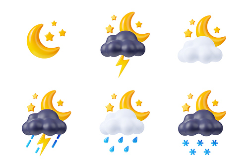 3d render night weather icons set, crescent and stars shining, clouds with lightnings, snow and rain. Forecast elements for web design or app, isolated cartoon illustration in plastic minimal style