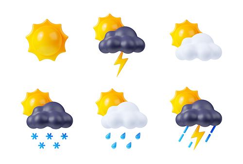 3d render day weather icons set, sun shining, white and black clouds with lightnings, snow or rain drops. App forecast elements, Cartoon illustration in plastic style isolated on white