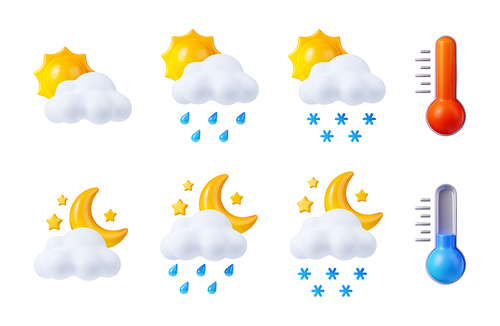 Weather forecast, meteorology icons with sun, moon, clouds, rain drops, snow and thermometers.Day and night symbols for rainy and snowy weather, hot and cold air temperature, 3d render set
