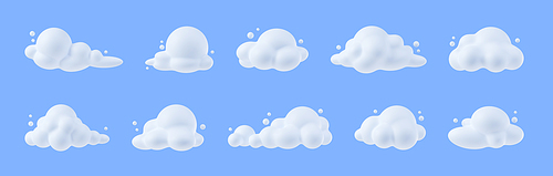White soft clouds in sky. Overcast weather icons with simple fluffy cumulus clouds, atmosphere fog objects isolated on blue background, 3d render illustration