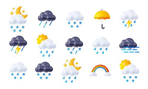 3d render weather icons set, day or night elements. Sun shining, clouds, lightnings, snow or rain, rainbow and umbrella. Cartoon illustration in plastic minimal style isolated on white