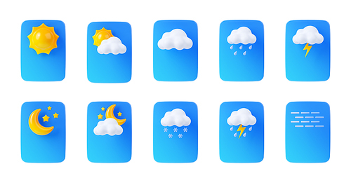 3d render weather app icons, widget interface elements isolated set. Web or mobile application ui design. Sun, fog, cloud, rain, lightning and snow, day or night cartoon illustration in plastic style