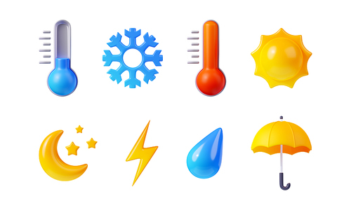 3d render weather icons set, sun shining, snowflake, raindrop and crescent with stars. Thermometer with low and high temperature scale, lightning and umbrella climate elements, Cartoon illustration