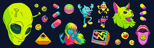 Psychedelic stickers with aliens, drugs and tv isolated on black background. Vector cartoon set of retro hippie icons of blue girl, cat with three eyes, martian head and mouth with tongue