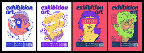 Art exhibition posters with trendy psychedelic design with greek sculpture with halftone. Vector invitation flyers to gallery of contemporary art with creative collages