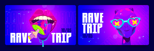 Rave trip banners with psychedelic illustrations of alien and mouth with mushroom. Vector cartoon posters with acid stickers of martian head in glasses and tongue with amanita