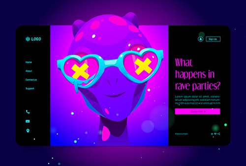Rave party landing page template. Contemporary cartoon alien character in funny heart-shaped eyeglasses smiling, inviting for trendy music and dance party. Entertainment event website interface