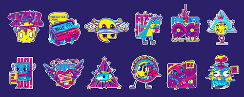 Psychedelic retro rave stickers with coffee man, pager and retro audio tape. Mushrooms, dinosaur, fare well Earth and cute odd creatures. Cartoon vector acid design badges set