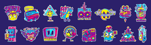 Retro rave stickers, comic patches with music record, mushrooms, Earth globe with atomic explosion, vintage cassette, pager, dinosaur, burger and tv, vector cartoon set isolated on background