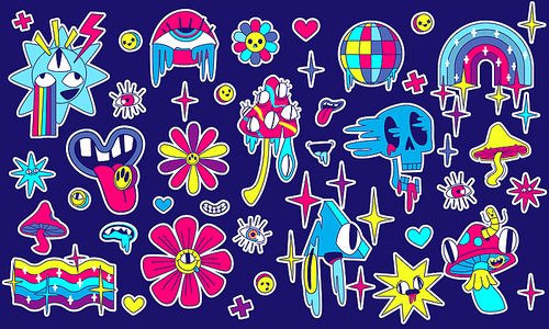Psychedelic stickers in retro y2k style. Retrowave acid patches with mushrooms, skull, flower, rainbow, flag and mouth, vector cartoon set isolated on background