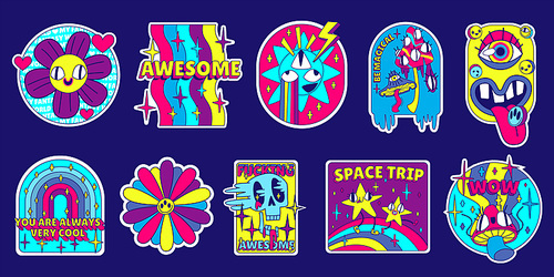 Y2k stickers pack, rave retro patches lgbt flag, rainbow, stars, flower and psychedelic mushrooms, mouth with pill on tongue, skull in trippy style, Cartoon vector vintage elements set