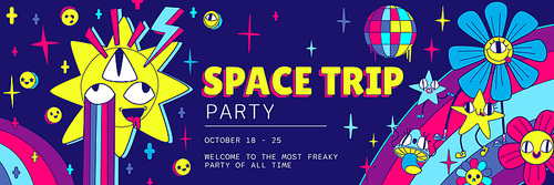 Space trip party invitation flyer in Y2k retro style with trippy psychedelic characters flowers, stars, mushrooms on rainbow. Surreal vector trendy invite card for night club amusement entertainment