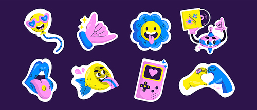 Cute retro style stickers set isolated on background. Contemporary vector illustration of crazy colorful balloon, flower and lemon characters, heart and shaka hand gestures, tongue and lip patches