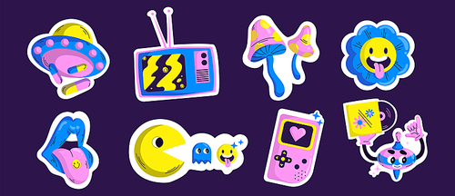 Retro acid psychedelic stickers. Abstract patches with mushrooms, flower, ufo, mouth with tongue, tv set and gameboy, vector cartoon illustration in y2k style