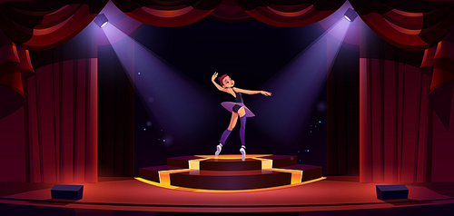 Beautiful ballerina dancing alone on stage in spotlight beam. Cartoon vector illustration of fragile girl performing ballet on illuminated theater scene decorated with red curtains. Classical art show