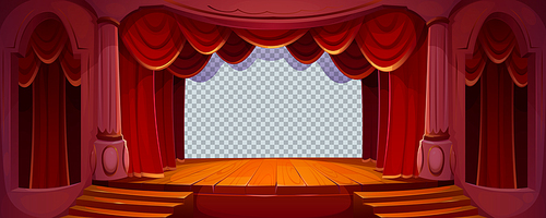 Theater stage with red curtains, columns, wooden floor with stairs and empty copy space. Classic theatre scene for performance, opera, concert, dance or music show mockup, Cartoon vector background