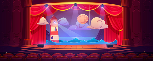 Theater stage with red curtains, seats and decoration beacon, sea waves and moon with clouds. School theatre, music hall, opera interior with wooden scene and columns, Cartoon vector illustration