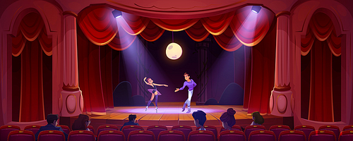 Ballet dancers perform on theater scene. Ballerina and man artist wear costumes dance on classic stage with red curtains, spotlights, moon and people sitting on chairs, Cartoon vector illustration