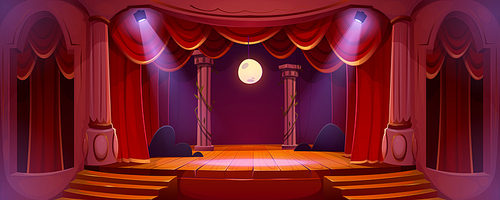 Theater stage with red curtains, spotlights and moon. Theatre interior with empty wooden scene, stairs, velvet drapes and decoration, music hall, opera, drama cartoon background, Vector illustration