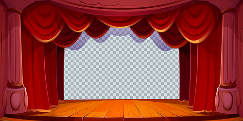 Theater stage, empty retro scene with curtains, wooden floor, columns and transparent background. Vintage theatre interior with pillars and red drapery, vector cartoon illustration