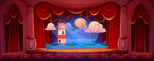 Vintage theater interior with stage, auditorium seats, red curtains, columns and decoration of night landscape with sea, lighthouse and moon on backdrop, vector cartoon illustration